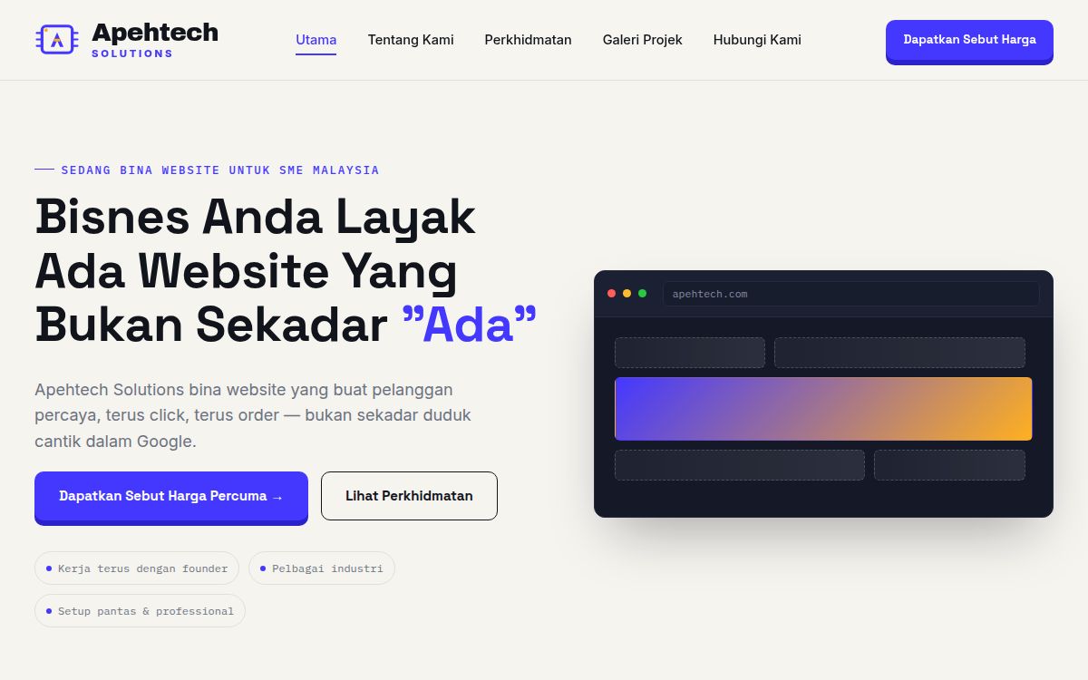 Apehtech — tangkapan skrin laman sebenar