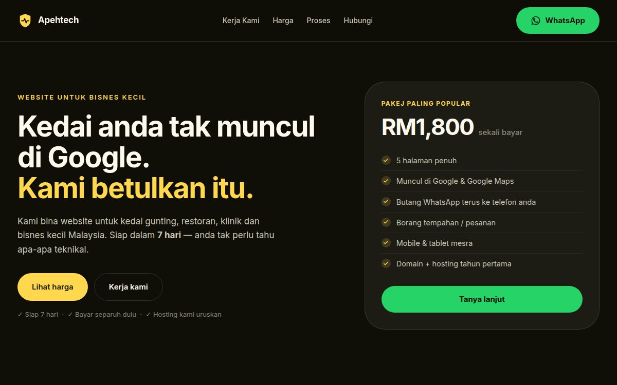 Apehtech Sales — tangkapan skrin laman sebenar