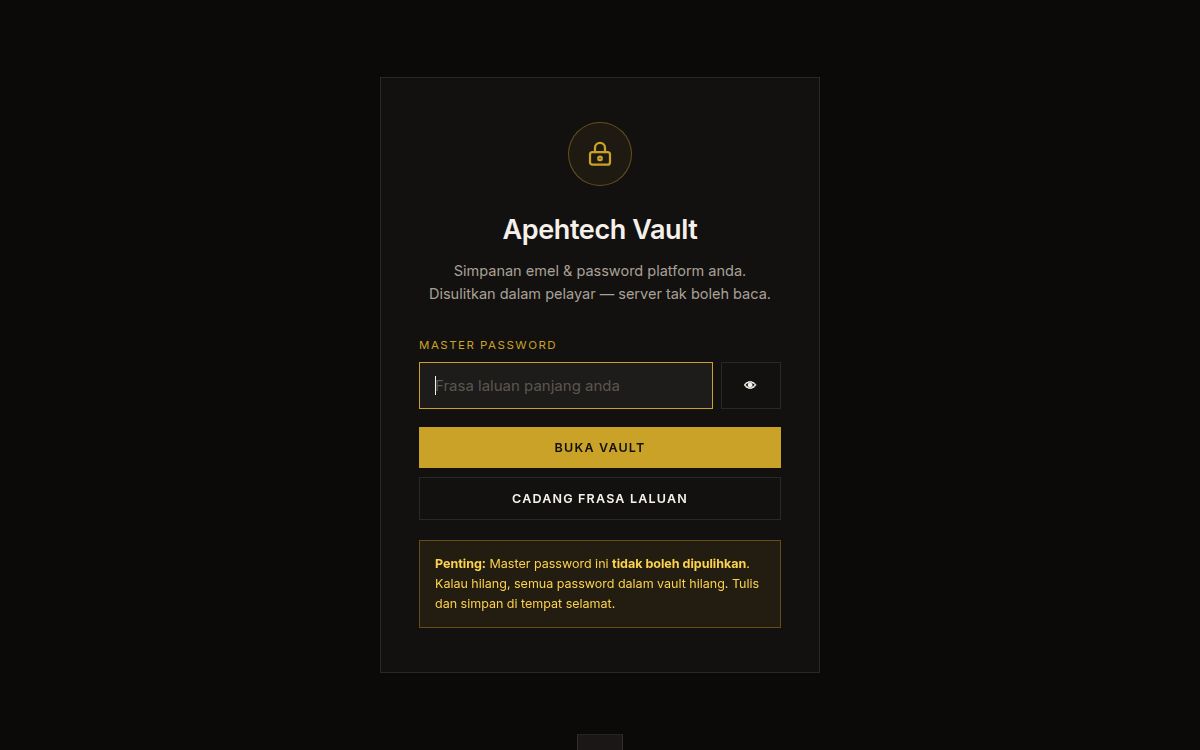 Apehtech Vault — tangkapan skrin laman sebenar